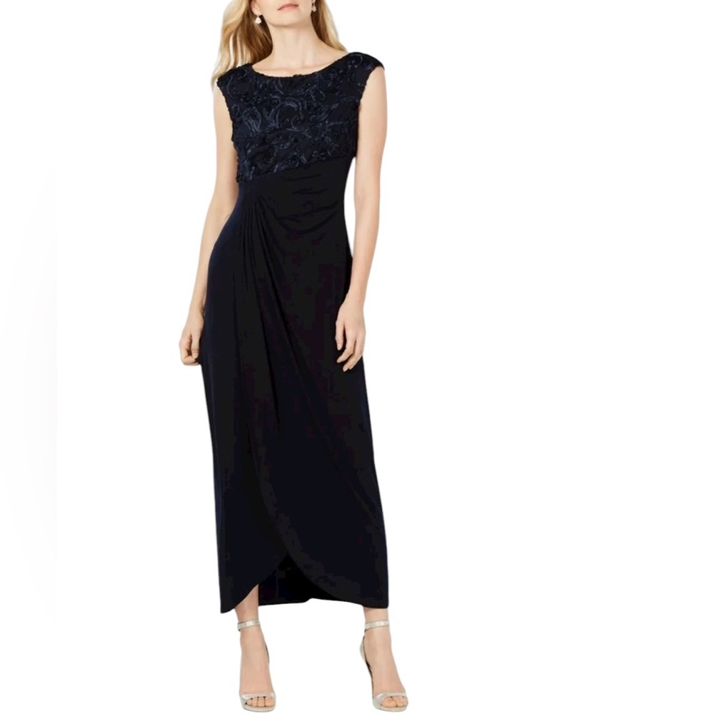 CONNECTED APPAREL Faux Wrap Cap Sleeve Evening Dress Embroidered Bodice Size 12P